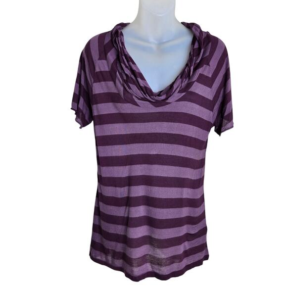 Banana Republic Womens Striped Shirt Size Medium Purple Cowl Neck Short Sleeve - Picture 1 of 7